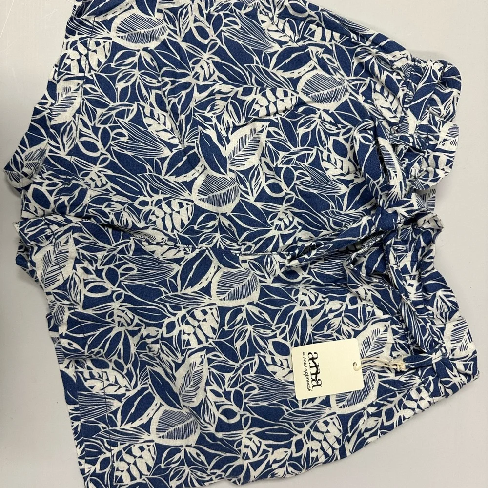 ANA Blue White Floral Print Paperbag Linen Shorts Belt Women Size S New